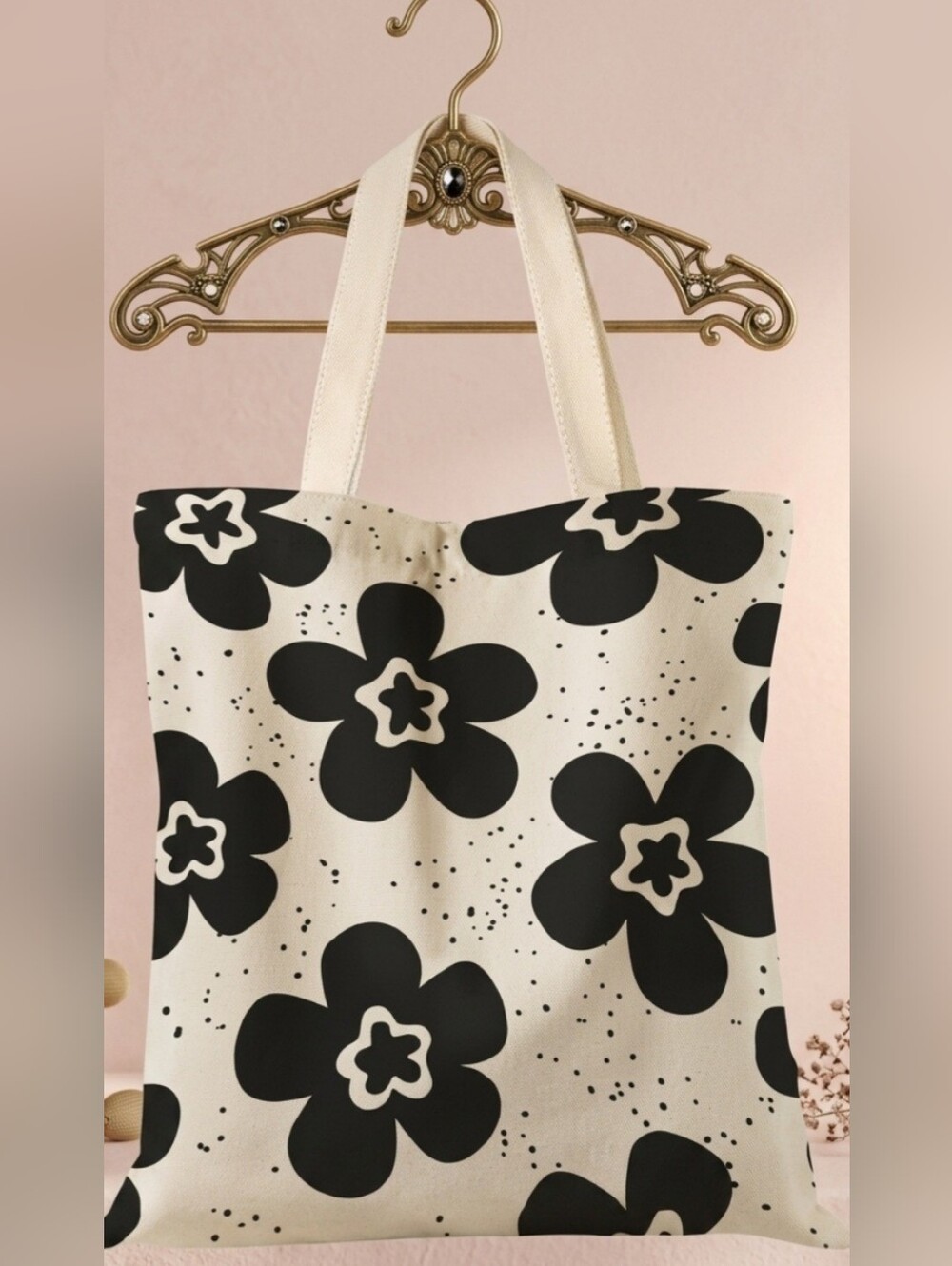 MISS ADOLA Graphic Black & White Floral Canvas Tote Bag NEW